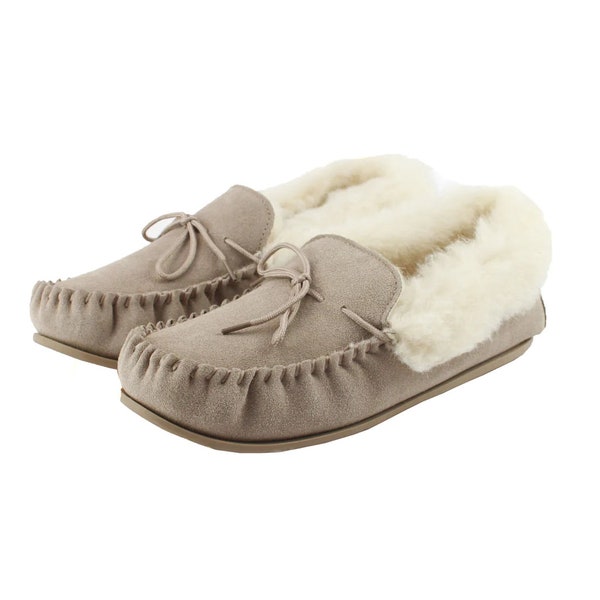 Ladies women’s sheepskin moccasin slippers - Sheepskin lining - Soft Leather sole -