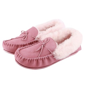 Ladies women’s sheepskin moccasin slippers - Sheepskin lining - Soft Leather sole -