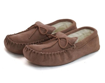 Unisex Dark Camel Wool Lined Moccasin