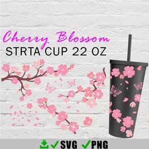Kirschblüte Schmetterling Strata Tassen Svg, rosa Sakura Aufkleber Muster DIY nahtlose volle Wrap für Strata Cup 22 Oz Cricut geschnitten Datei Svg & Png