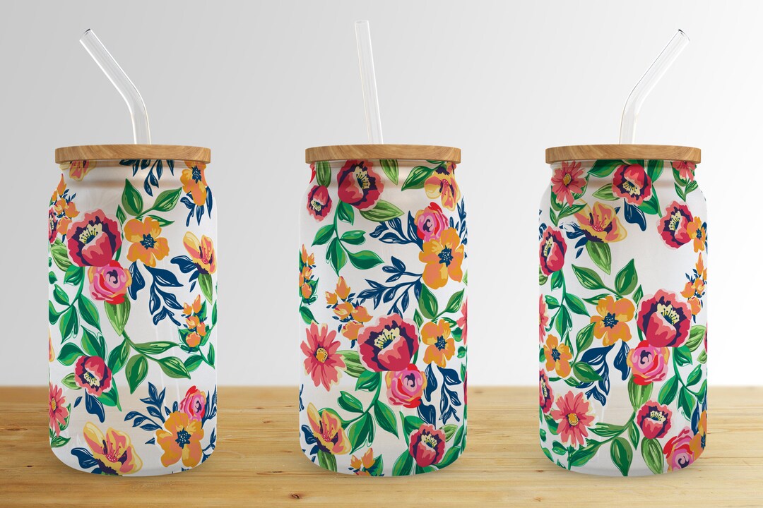 Floral 16 Oz Libbey Glass Can Tumbler Sublimation Design,flower Glass ...