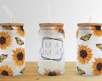 Sunflower Butterfly 16 oz Libbey Glass Can Tumbler Sublimation Design,Mom Glass Can Sublimate Designs,Glass Can tumbler design PNG download