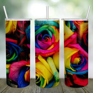 20oz Skinny Tumbler Sublimation Designs Rainbow Roses PNG Designs Downloads,Floral Tumbler Straight/Warped PNG File Digital Download