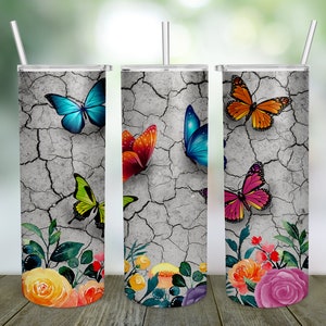 20oz Skinny Tumbler Sublimation Designs Colorful Butterflies Floral Crackle Tumbler for Straight/Tapered Tumbler Design