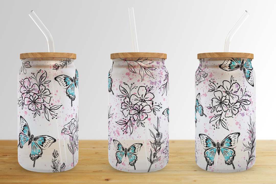 Blue Butterfly Flower16 Oz Libbey Glass Can Tumbler Sublimation Design ...