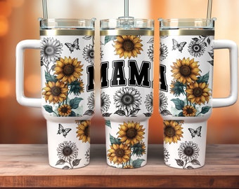 Sunflower Butterfly 40oz Quencher Tumbler Sublimation Design,40oz Sunflower Tumbler Wrap,Floral Mom Sublimation Instant Downloads PNG