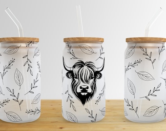 Floral Highland Cow 16 oz Libbey Glass Can Tumbler Sublimation Design,Glass Can Sublimate Designs,Glass Can tumbler design PNG download