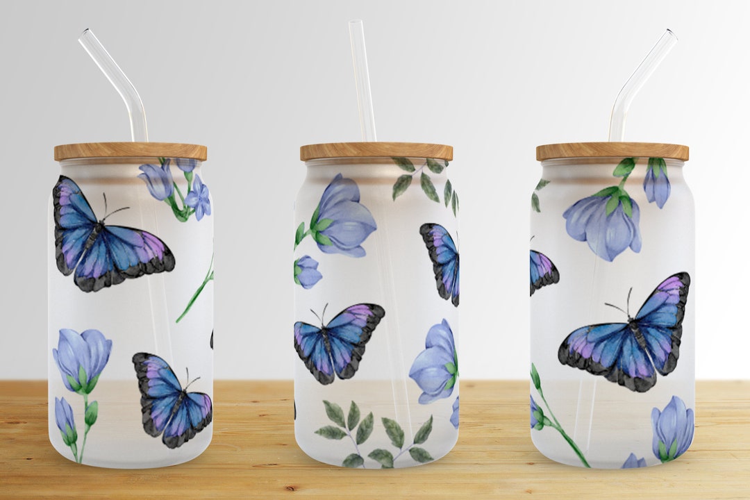 Watercolor Butterfly Flower 16 Oz Libbey Glass Can Tumbler Sublimation ...