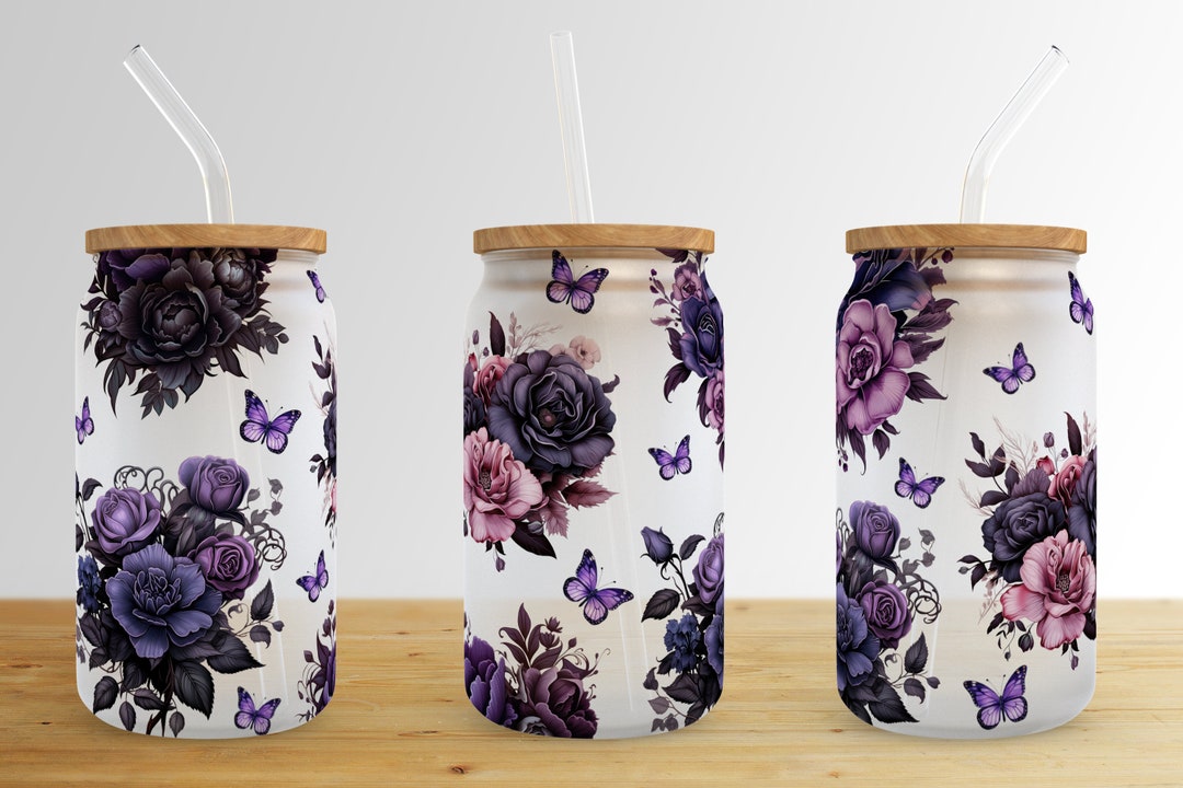 Flower Butterfly 16 Oz Libbey Glass Can Tumbler Sublimation Design ...
