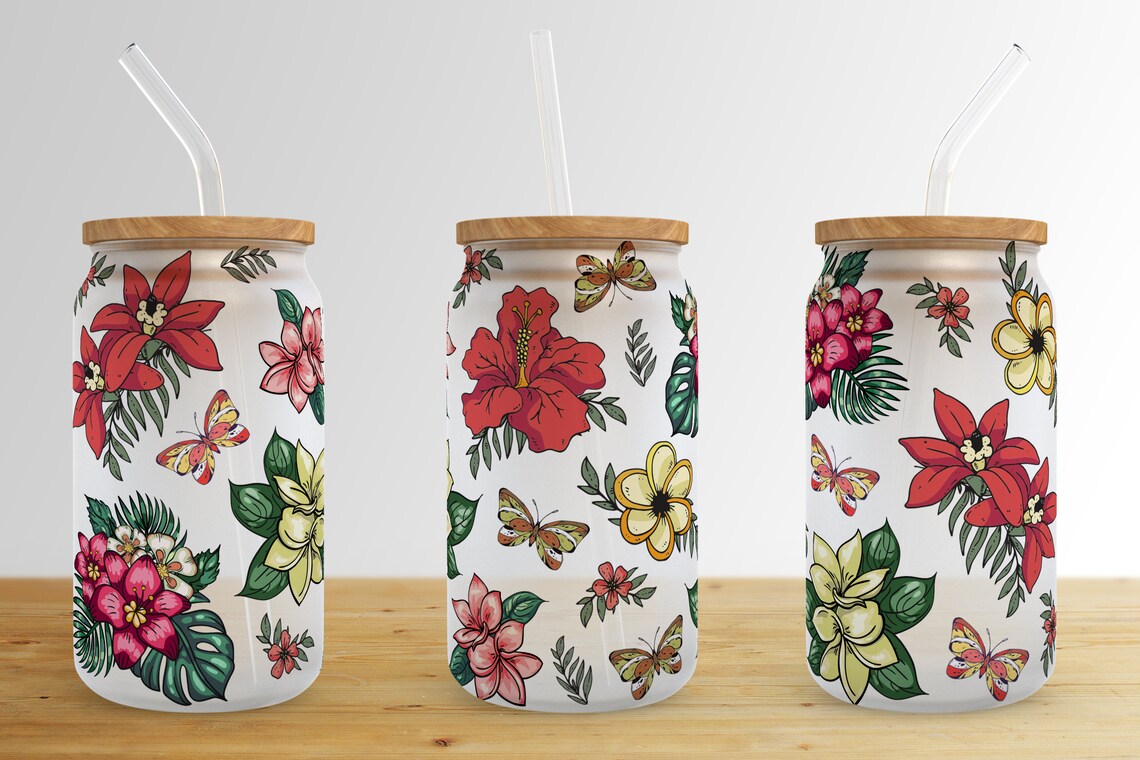 Flower Butterfly 16 Oz Libbey Glass Can Tumbler Sublimation Design ...