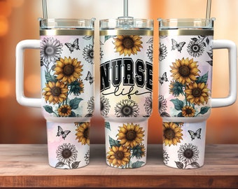 Sunflower Butterfly 40oz Wrap - Nurse 40oz Quencher Wrap - 40oz Quencher Tumbler Wrap Sublimation Design - Design Digital Download PNG