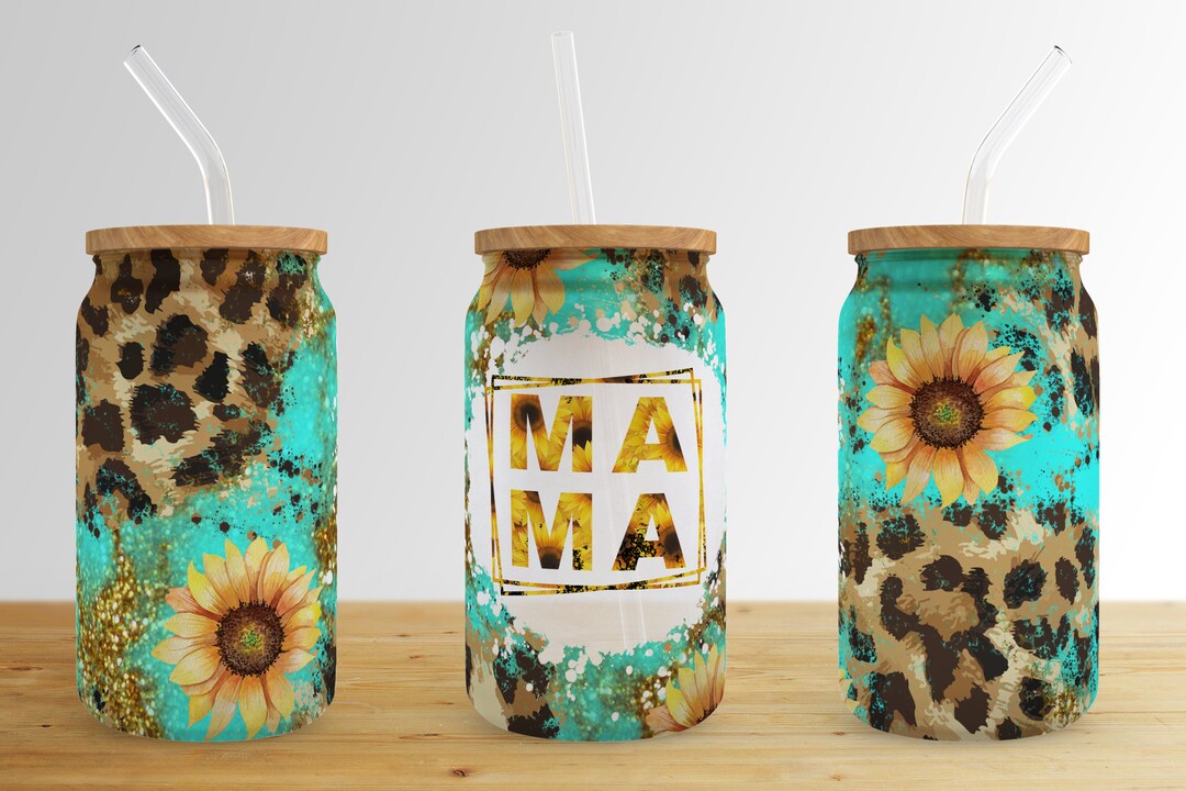 Sunflower Mom Leopard 16 Oz Libbey Glass Can Tumbler Sublimation Design ...