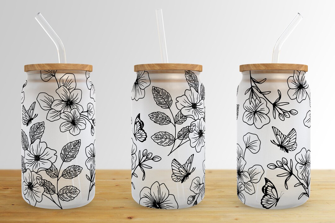 Flower Butterfly 16 Oz Libbey Glass Can Tumbler Sublimation Design ...