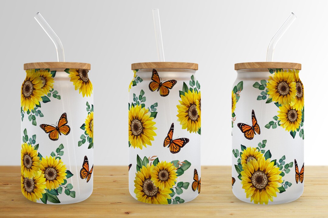 Butterfly Sunflower 16 Oz Libbey Glass Can Tumbler Sublimation Design ...
