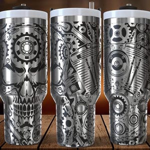 Adesivo SVG per bicchiere termico da 40 once con teschio e ingranaggi, design di Halloween con teste di ingranaggi e attrezzi, design per incisione laser di ingranaggi di motori e meccanici.