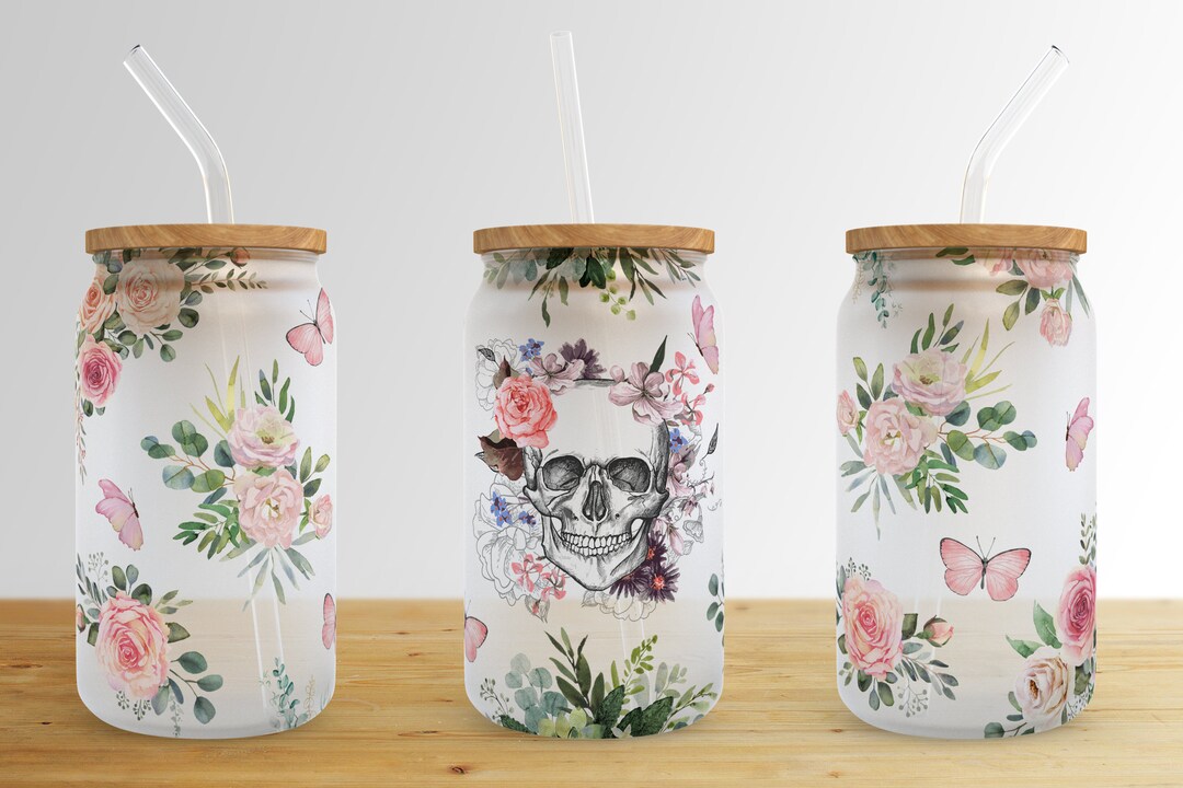 Skull Floral Butterfly 16 Oz Libbey Glass Can Tumbler Sublimation ...