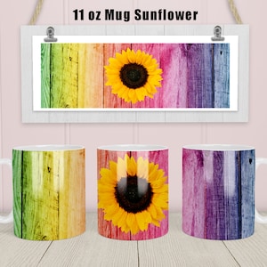 11oz Mug Sublimation Designs Colorful Wood Sunflower Mug PNG File Digital Download,Floral Mug Png