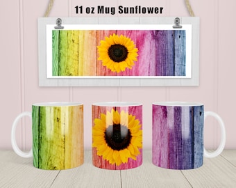 11oz Kubek Sublimacja Wzory Kolorowy Drewniany Słonecznik Kubek PNG Plik Cyfrowe Pobieranie, Kwiatowy Kubek Png
