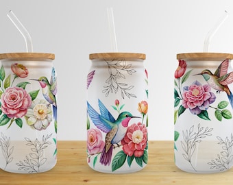 Hummingbird 16 oz Libbey Glass Can Tumbler Sublimation Design,Floral Glass Can Sublimate Designs,Glass Can tumbler design PNG download
