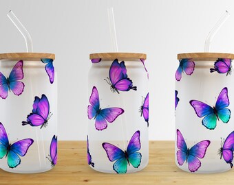 Butterfly Colorful 16 oz Libbey Glass Can Tumbler Sublimation Design,Glass Can Sublimate Designs,Glass Can tumbler design PNG download