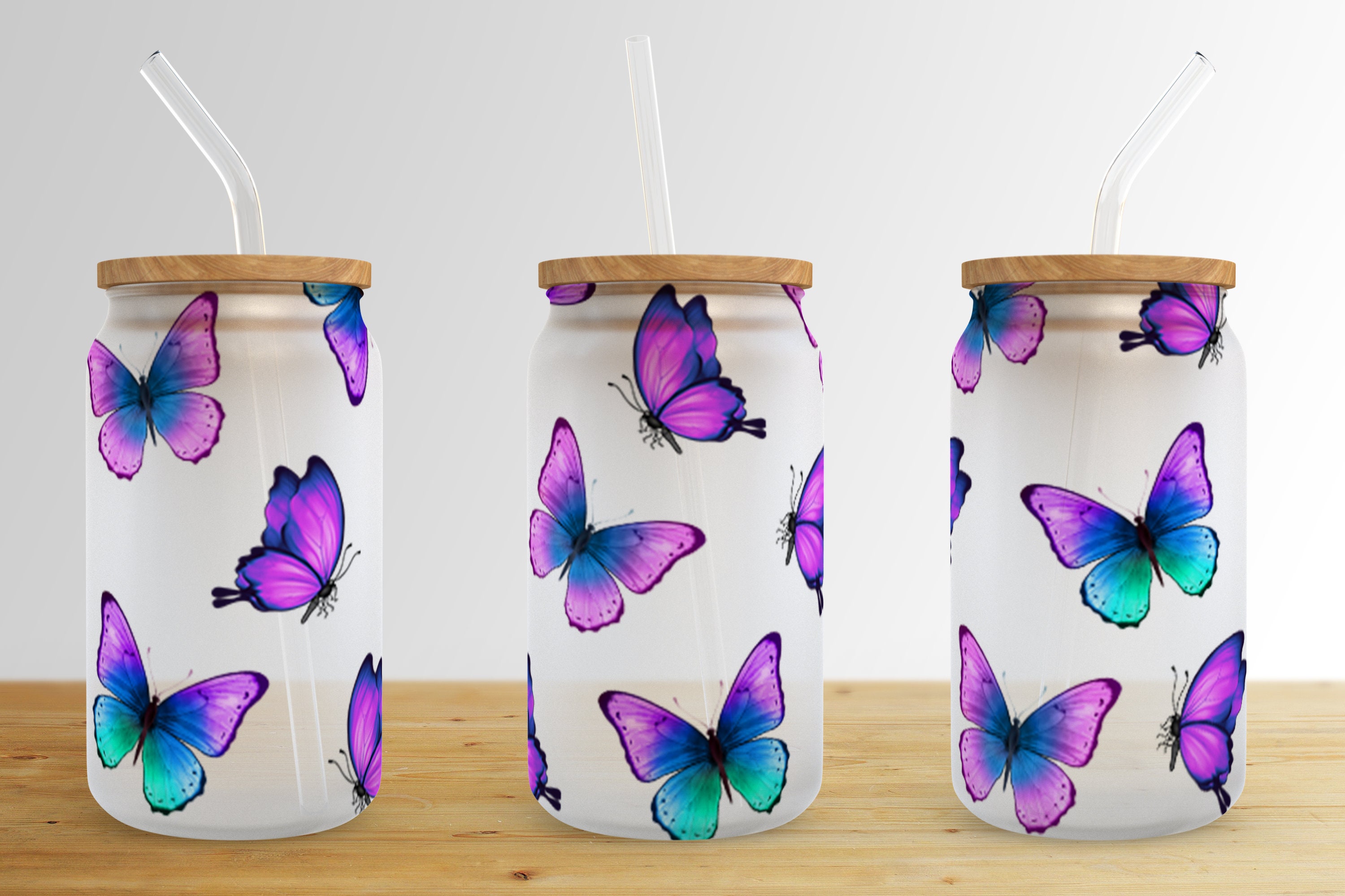 Butterfly Colorful 16 Oz Libbey Glass Can Tumbler Sublimation Design ...