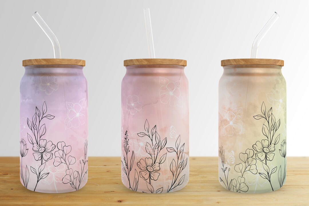 Flower Butterfly 16 Oz Libbey Glass Can Tumbler Sublimation Design ...