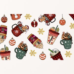 May include: A seamless pattern featuring various winter-themed beverages, including hot chocolate, coffee, and iced drinks. The design incorporates festive elements like snowflakes, ornaments, and gingerbread men.