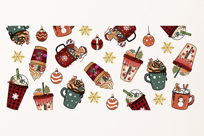 May include: A seamless pattern featuring various winter-themed beverages, including hot chocolate, coffee, and iced drinks. The design incorporates festive elements like snowflakes, ornaments, and gingerbread men.