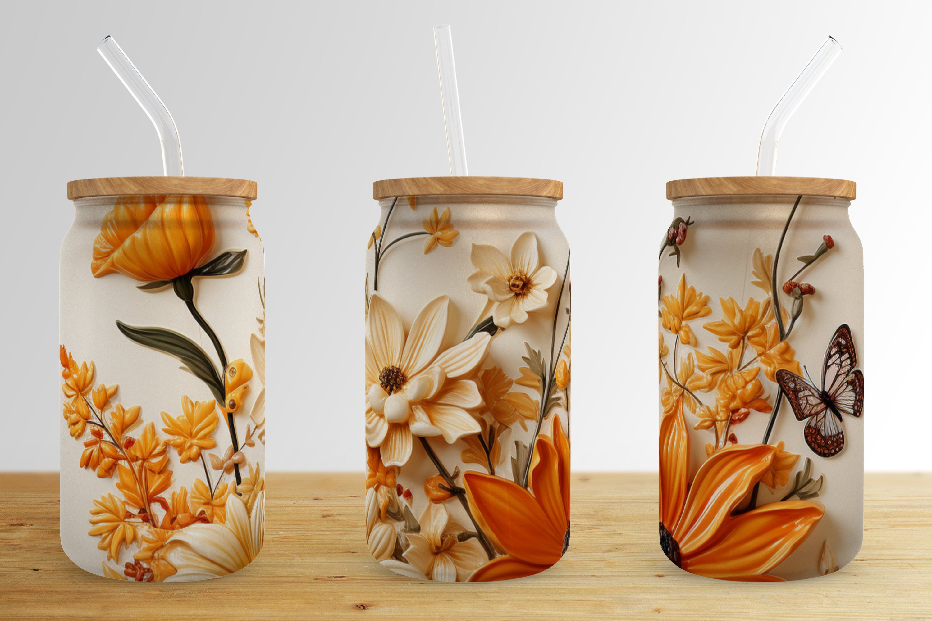 3D Flower Butterfly 16 Oz Libbey Glass Can Tumbler Sublimation Design ...