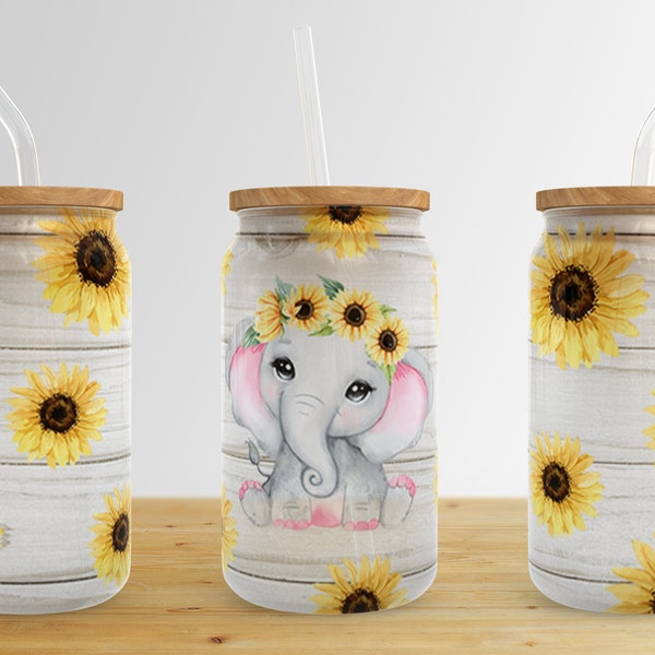 Baby Elephant 16 oz Libbey Glass Can Tumbler Sublimation Design,Sunflower Sublimation Design,Glass Can tumbler design PNG download