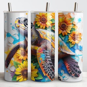 Lindos girasoles de tortuga marina de neón, diseños de sublimación de vaso flaco de 20 oz, vaso PNG, vaso floral PNG, archivo PNG de descarga instantánea digital