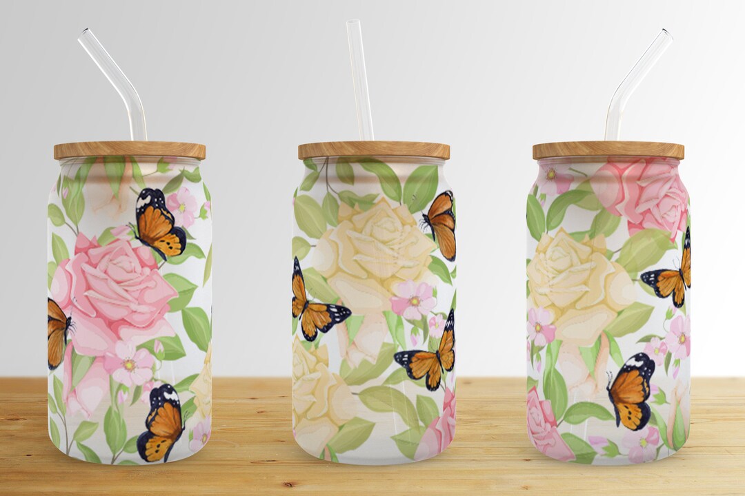 Butterfly Flower 16 Oz Libbey Glass Can Tumbler Sublimation Design,rose ...