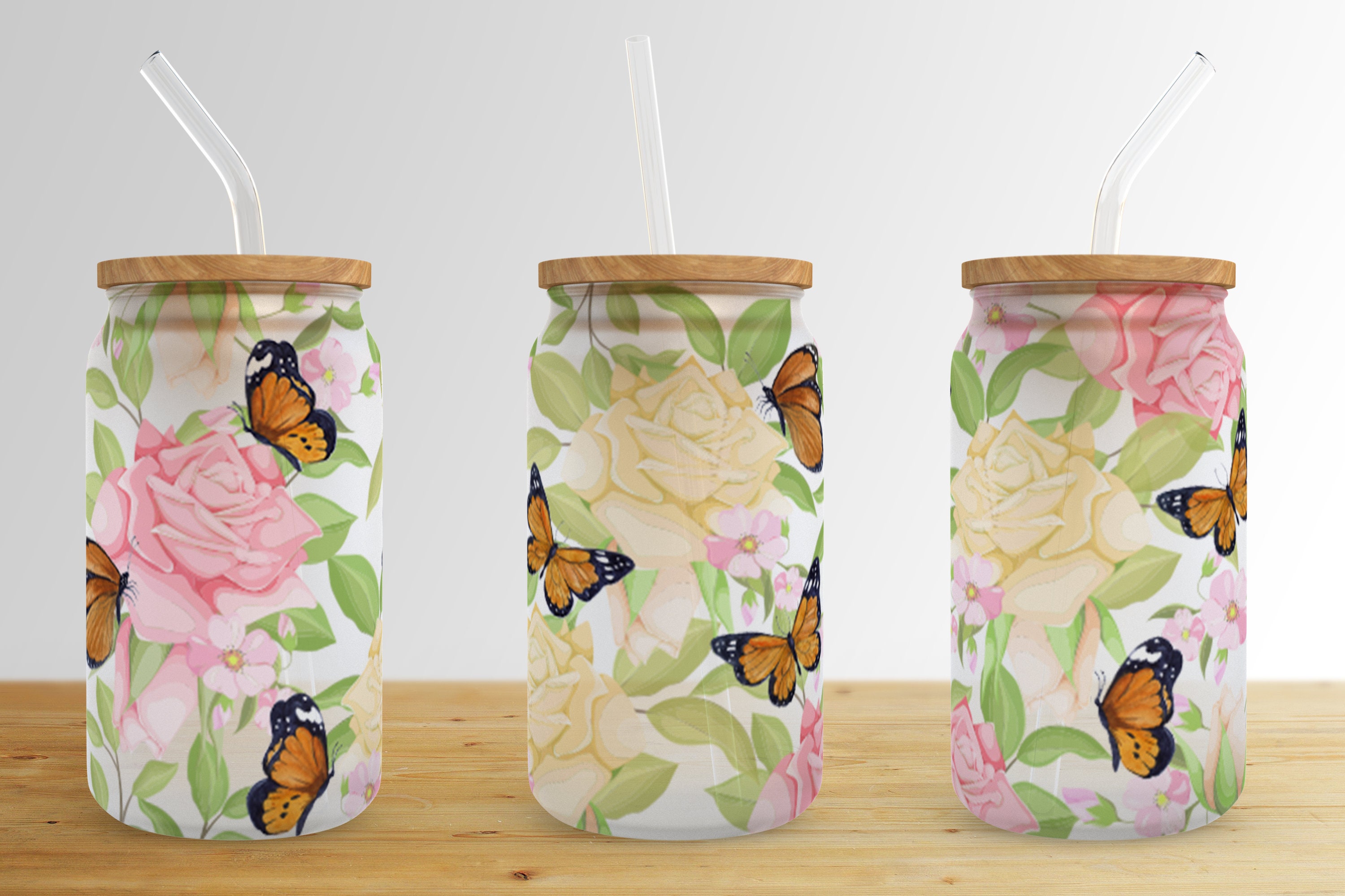 Butterfly Flower 16 Oz Libbey Glass Can Tumbler Sublimation Design,rose ...