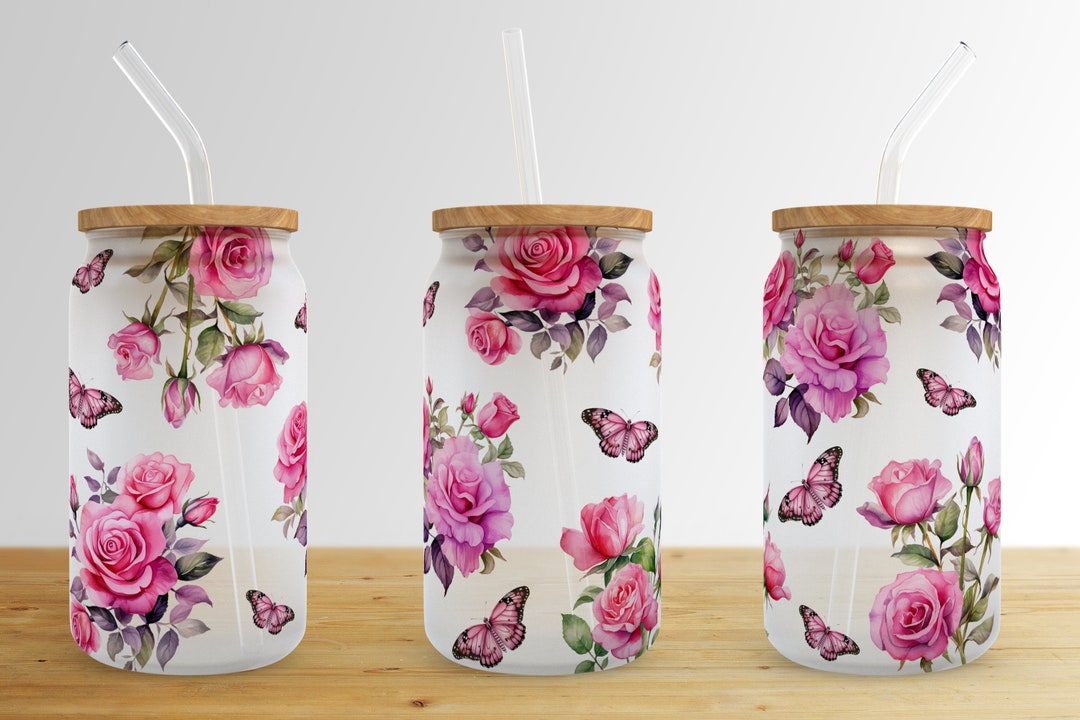 Pink Butterfly Flower 16 Oz Libbey Glass Can Tumbler Sublimation Design ...