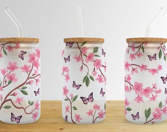 Cherry Blossom Butterfly 16 oz Libbey Glass Can Tumbler Sublimation Design,Glass Can Sublimate Designs,Glass Can tumbler design PNG download