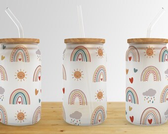 Boho Rainbow 16 oz Libbey Glass Can Tumbler Sublimation Design,Rainbows and Sun Tumbler Wrap,Glass Can Instant Download PNG File