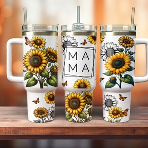 Mama Sunflower 40oz Quencher Tumbler Sublimation Design,40oz Sunflower Butterfly Tumbler Wrap,Floral Mom Sublimation Instant Downloads PNG