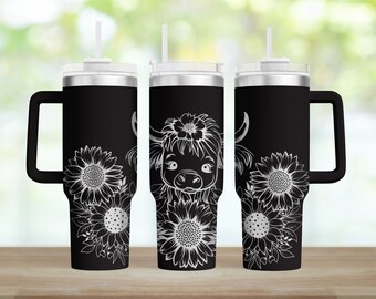 Highland Cow 40oz Tumbler Wrap Svg,Girasol 40oz Vaso Grabado Láser Wrap Svg,Láser Grabado Svg,Tumbler Laser File,Laser Svg Descargar