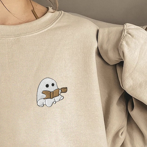 EMBROIDERED Ghost Reading Sweatshirt, Ghost Book Shirt, Ghost Drinking Coffee Shirt, Cute Halloween shirt, Halloween Sweatshirt Book Lover