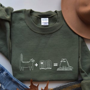 Embroidered Cute Cat Plus Book Equals Cat Lying On The Book, Cat Embroidered Sweatshirt, Cat Crewneck, Bookish Sweater, Cat Lover Gift