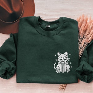 Embroidered Cute Black Cat Reading a Book, Cat Embroidered Sweatshirt, Cat Crewneck, Reading Sweatshirt, Book Lover Gift, Gift for Cat Lover