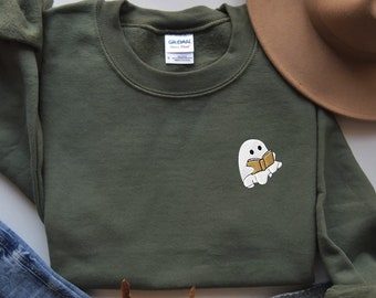 Sudadera de Halloween con fantasma bordado leyendo un libro, temporada de sustos