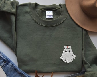 EMBROIDERED Halloween Nurse Sweatshirt, Nurse Ghost, Spooky Halloween Nurse Shirt, Nurse Halloween Gifts, Halloween Party, Cute Nurse Shirt,