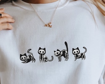 Sudadera bordada de Halloween, diseño de fantasma esqueleto de gato negro