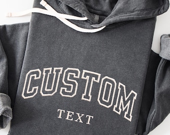 Custom Embroidered Hoodie, Custom Hoodie, Comfort Colors Hoodie, Personalized Varsity Text Hoodie, Couples Gift, Mom Gift, Gift for Him