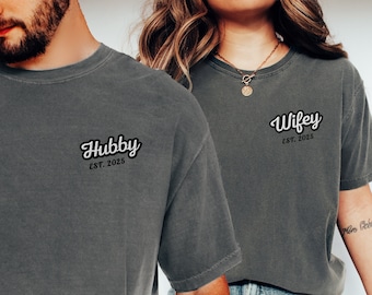 Embroidered Couples T Shirt, Hubby Wifey Custom Shirt, Personalized Engagement Gift For Bride, Groom Wife Honeymoon T-Shirt Bridal Party Tee