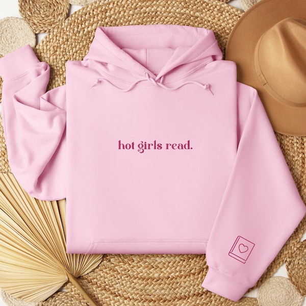 BESTICKTE heiße Mädchen lesen benutzerdefinierte Hoodie mit gestickter Buch-Herz-Hülle, Bücherwurm, Geschenk für Buchliebhaber, Bücherwurm Pullover