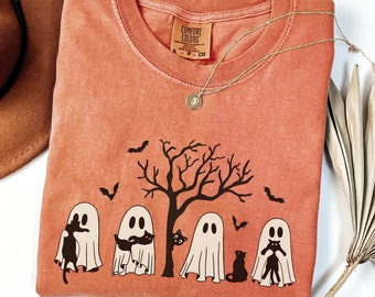 Komfort Colors® Katze Geist T-Shirt, süßes Katzenliebhaber Shirt, Retro Geist Halloween, Halloween Katze T-shirt, gruseliges Geschenk