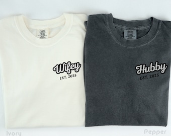 Embroidered Hubby Wifey Custom Comfort Colors Shirt, Personalized Engagement Gift For Bride, Groom Wife Honeymoon T-Shirt, Bridal Party Tee