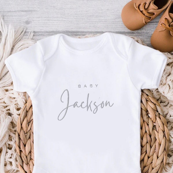 EMBROIDERED Organic Personalised Baby Onesie Eco-Friendly Gift, Baby Shower,  Custom Name Baby Reveal Announcement Bodysuit, Natural Gifts